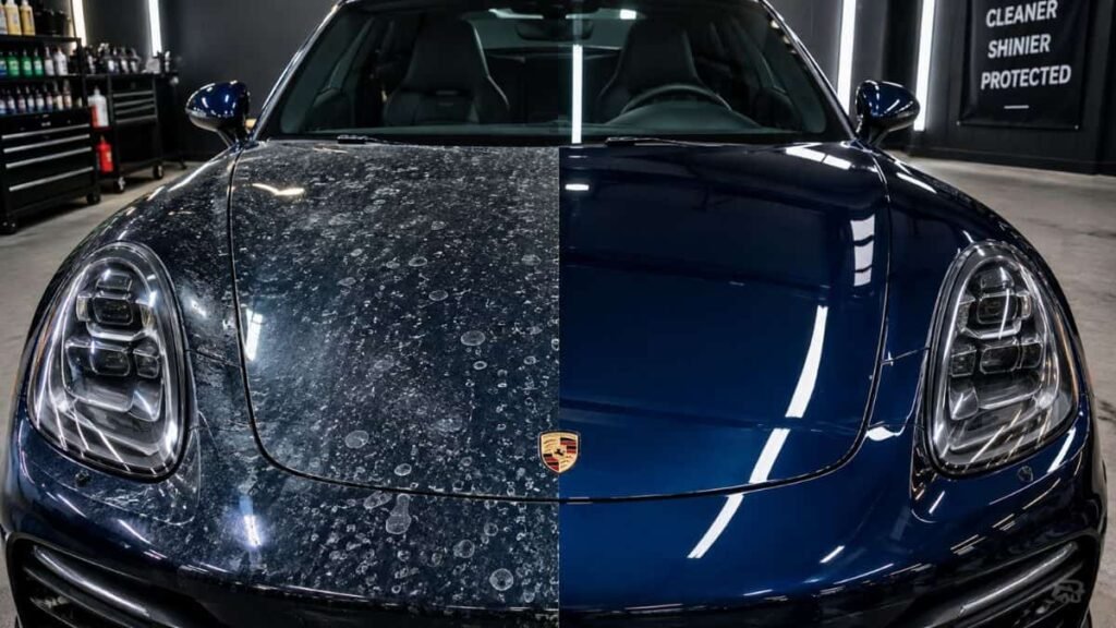 How to remove water spots from car paint showing a detailed comparison of a spotted and polished hood