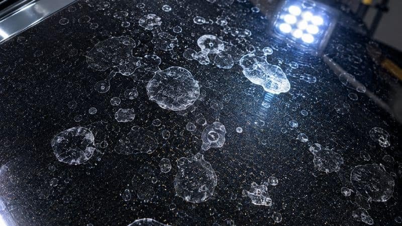 Macro close-up of hard water mineral deposits and rings on car paint