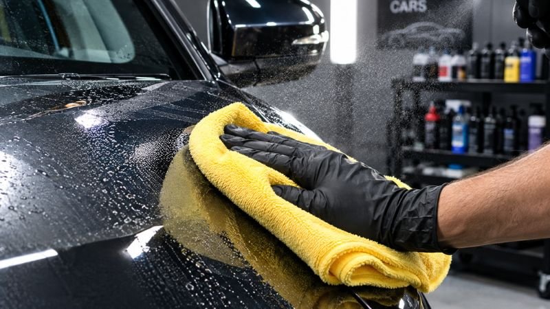 Detailer wiping car paint with a microfiber towel during water spot removal