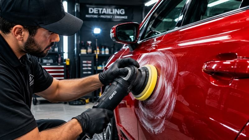 Using a dual action orbital polisher to remove etched water spots from car paint