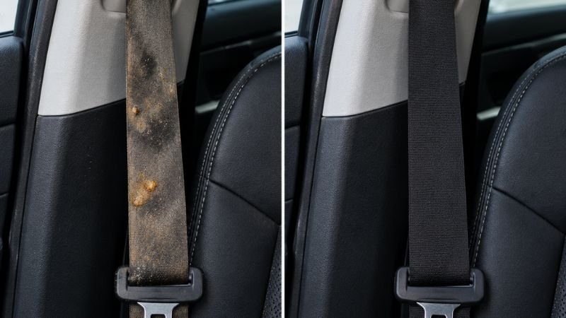before and after comparison of dirty and clean restored car seat belt